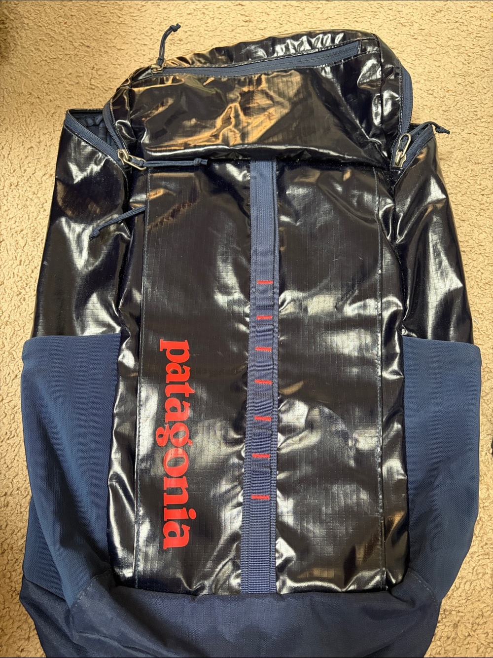 Patagonia Black and Navy Backpack with Red Logo